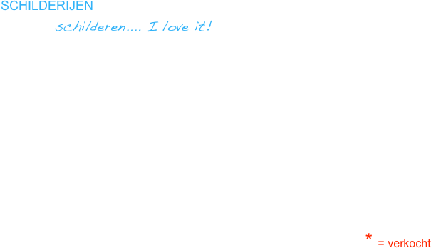 SCHILDERIJEN
          schilderen.... I love it!

Ik heb teveel ideeën. Zoveel vind ik mooi, zoveel wil ik graag in kleuren omzetten. Vanuit een concept, een idee, soms een kleurenpallet waar ik mee aan de slag ga, soms een verdieping van een bestaand doek of een combinatie van dit alles.
En wanneer is een schilderij ‘klaar’? Eigenlijk nooit, maar toch ook weer wel. Ik kijk, en kijk nog eens en nog eens. .. slaap er een paar nachten over... kijk nog eens en dan weet ik het... nog iets meer rood aan de rechterkant.. of nee.. zo is het goed, dit is de juiste balans. Dan komt een moment van genieten en dat wordt helemaal bijzonder als ik zie dat een ander daar vervolgens weer van kan genieten... 

Als ik foto’s heb gemaakt van schilderijen plaats ik ze in een ander kader. Nieuwe ontdekkingen worden dan gedaan. Alsof het voor het eerst is dat ik het zie....van kunst genieten is een levenskunst. 
Wel handig dat je eigen werk je kan verrassen. Ben je dubbel blij. Je begrijpt dat er wel heel wat zwoegen aan vooraf is gegaan... maar dat vergeten we gewoon snel. 

Ik werk ondertussen aan nieuwe lijnen en collecties. Hou de site dus goed in de gaten.
Meer info + poëzie bij mijn schilderijen vind je onder het kopje [hoe kan het ook anders....] schilderijen & poëzie ]

                                                                                                                                   * = verkocht

